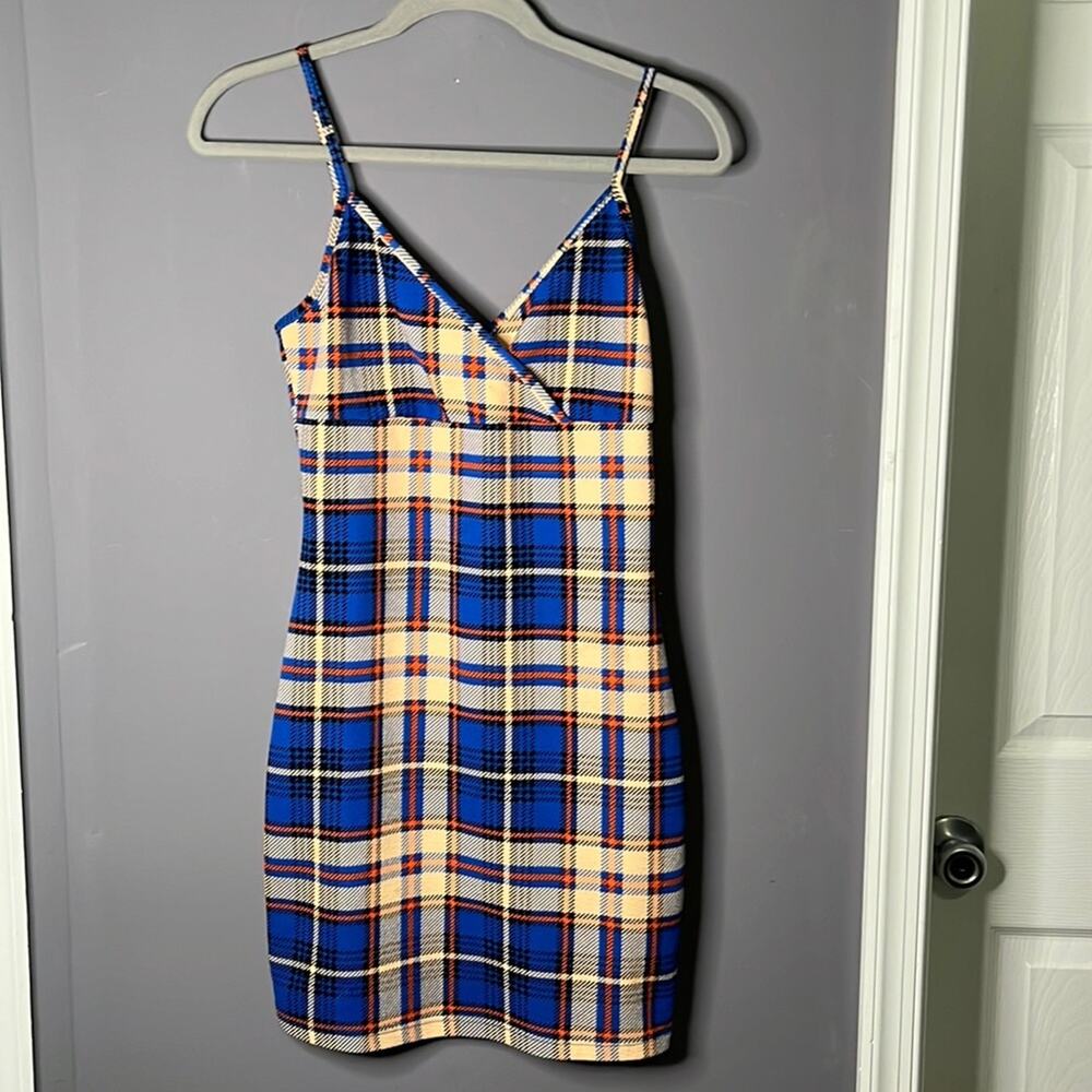 SHEIN Blue Orange Plaid Spaghetti Strap Mini Dress Small - Picture 8 of 8